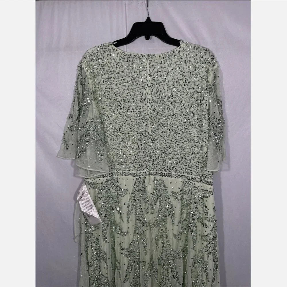 NWT $498 Mac Duggal [‎ 18 ] Sequined Butterfly Sleeve High Low Gown Sage Greeen